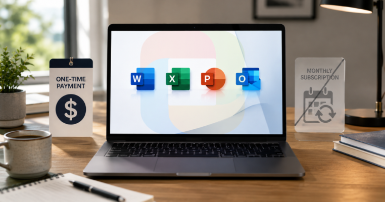 A UK user comparing a one-time perpetual Office licence key against a recurring Microsoft 365 subscription price on a laptop screen.